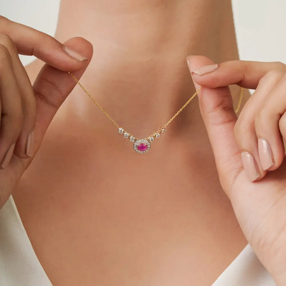 100% Genuine Ruby & Diamond Halo Pendant Necklace K14 Real Yellow Gold Fine Jewelry