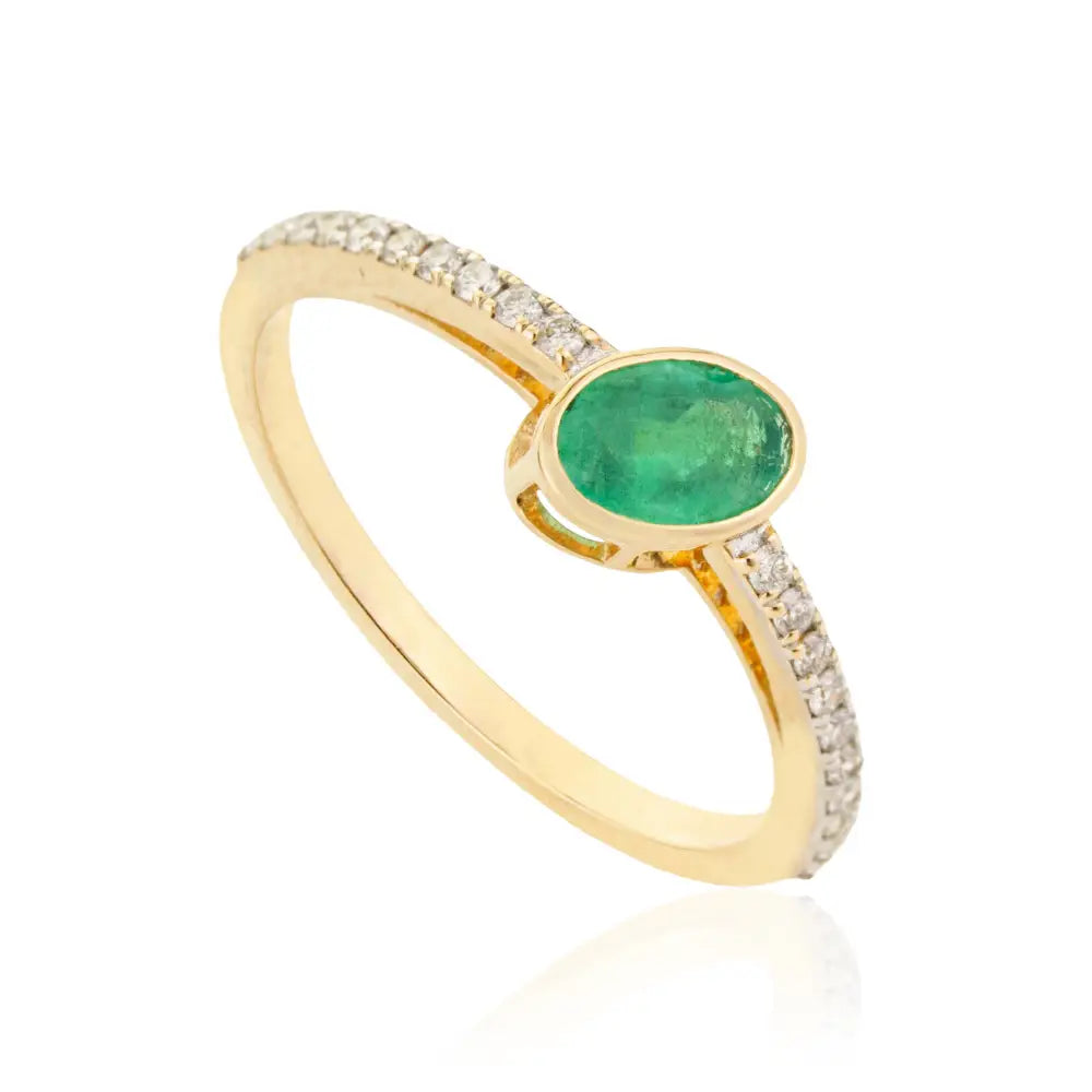 Simple Elegant 14K Real Yellow Gold Emerald & Diamond Stacking Engagement Ring For Unisex