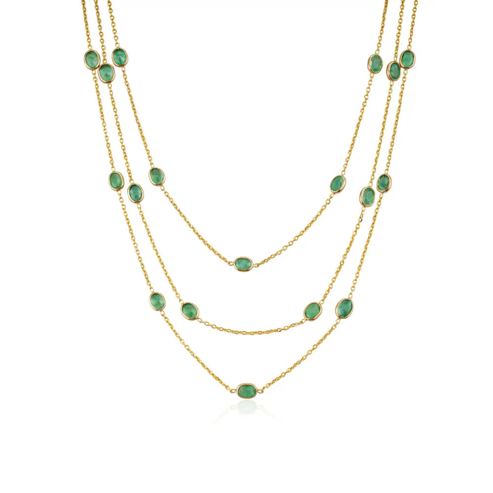 Luxury Women's Emerald Gemstone Triple Layer Station Chain Necklace 14K Yellow Gold