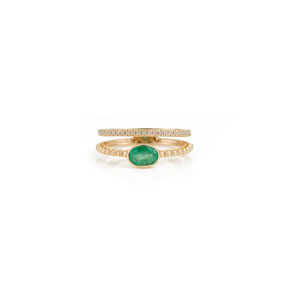 Real Emerald & Diamond Double Band Ring K14 Solid Yellow Gold Stackable Jewelry Supplier