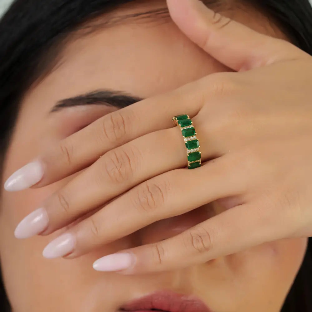 Zambian Emerald & Diamond Fine 18K Yellow Gold Half Eternity Band Ring Precious Jewelry