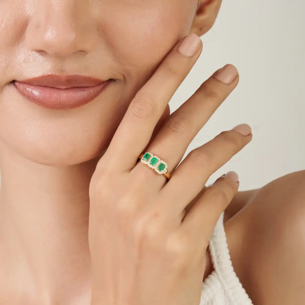 Octagon Cut Emerald & Round Diamond K14 Pure Yellow Gold Halo Three Stone Ring Unisex