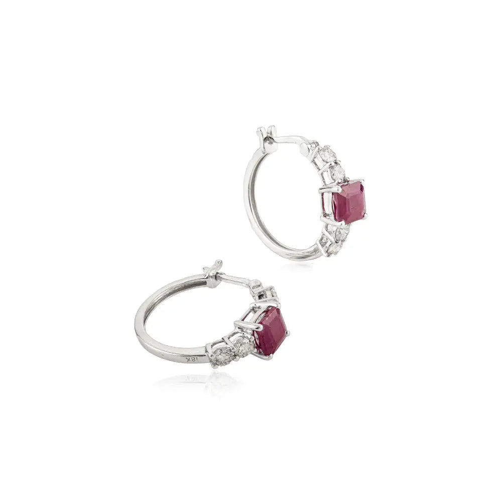 5x5 mm Square Shape Real Ruby & Diamond K18 White Gold Women Hoop Earrings Fine Jewelry