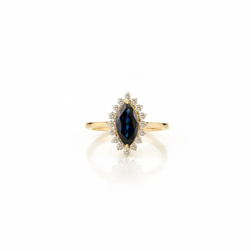 Unique Blue Sapphire & Diamond Marquise Shape Cluster Ring Unisex Real K18 Yellow Gold