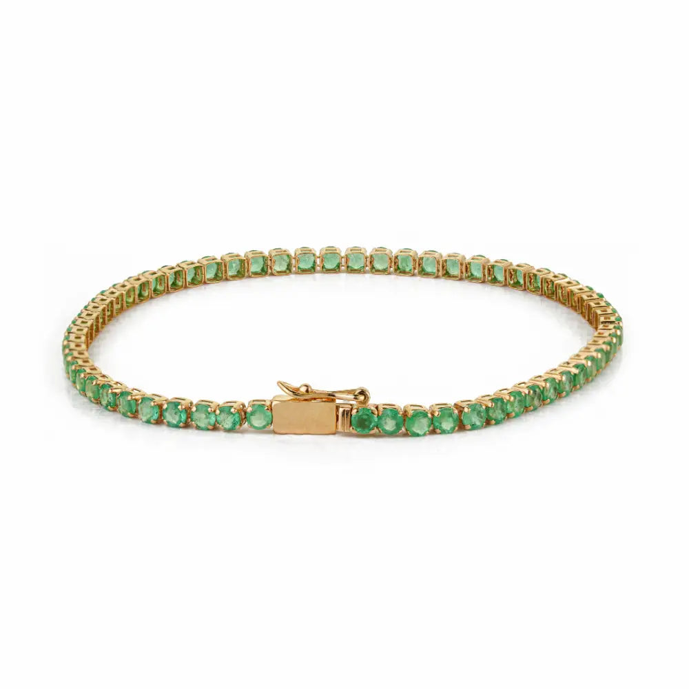 May Birthstone Pure 14K Yellow Gold Real Emerald Box Lock Sleek Tennis Bracelet For Unisex