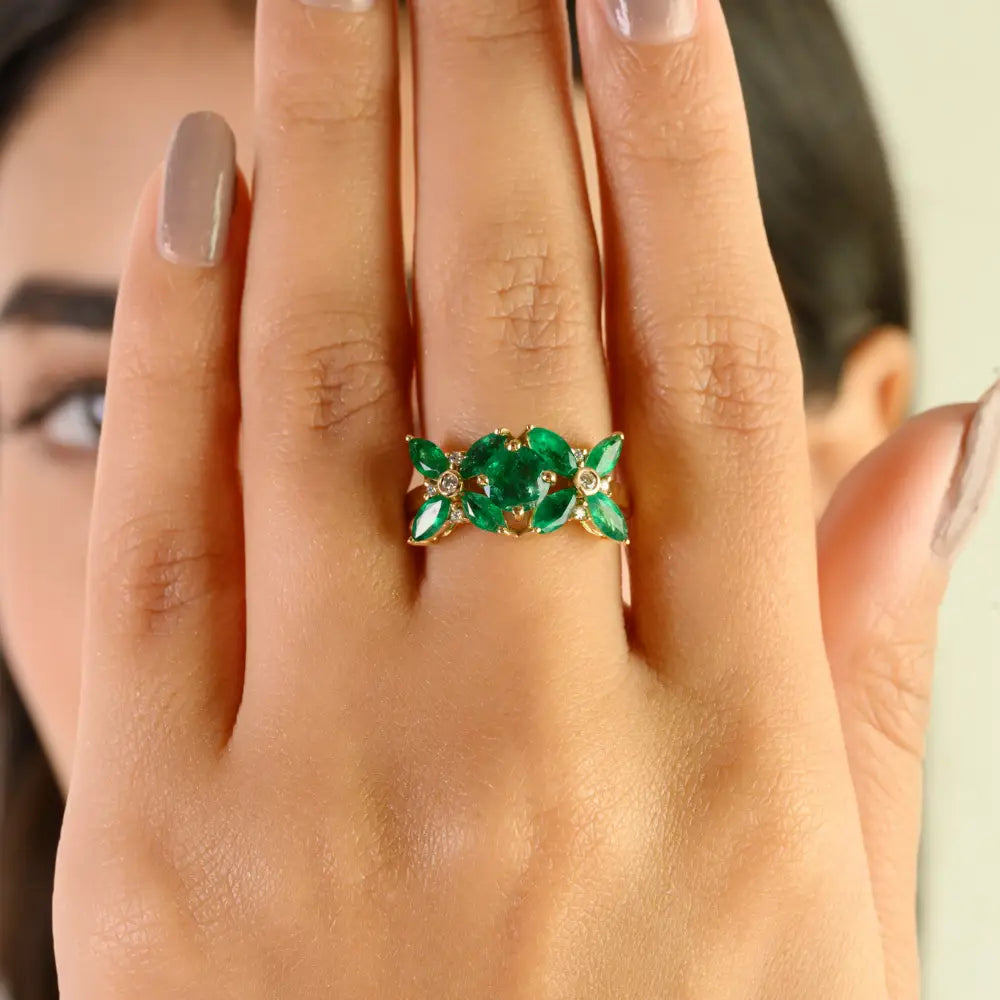 New Designer Flower Ring Featuring Emerald & Diamond Wedding Jewelry 14K Yellow Gold