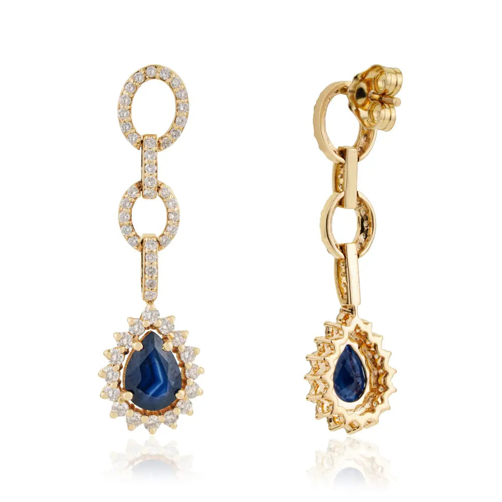Unique Design Blue Sapphire & Diamond Cluster Link Dangle Earrings 14K Yellow Gold Jewelry