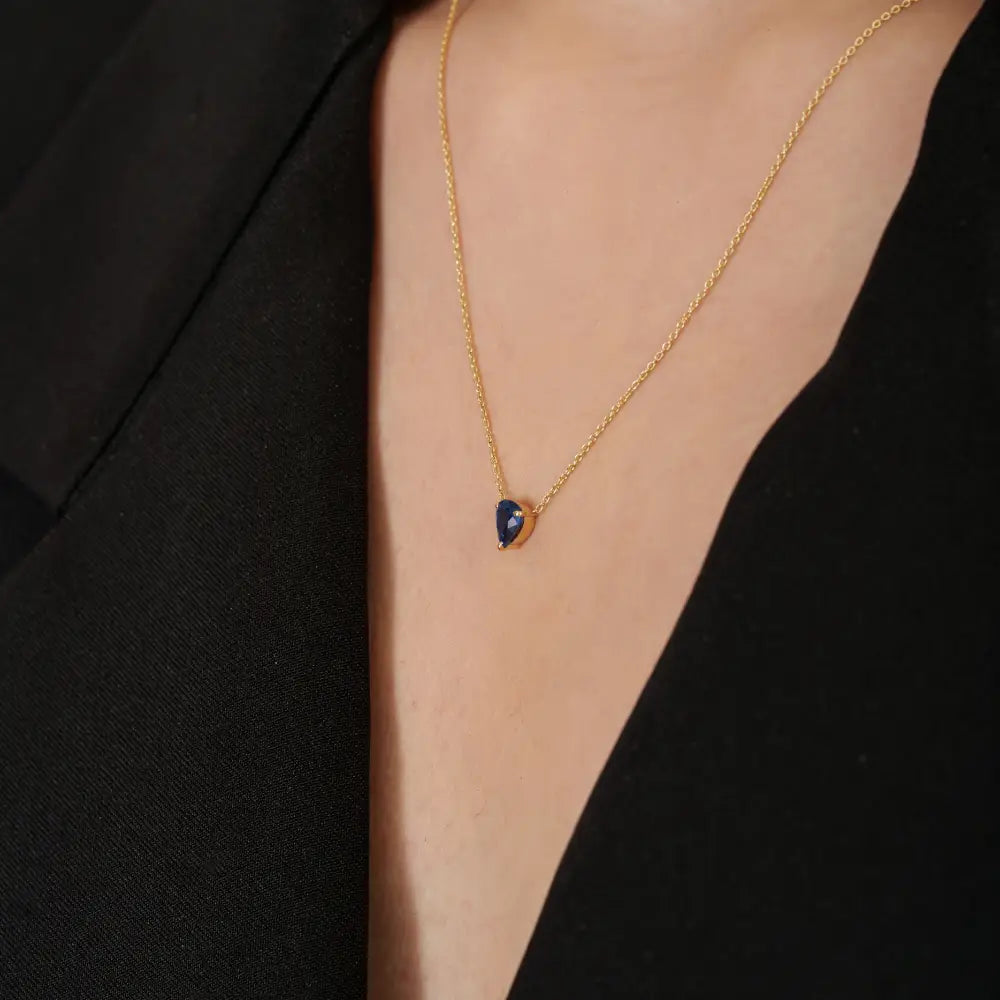 Minimalist Dainty Blue Sapphire Single Stone Pendant Necklace For Girls 18K Yellow Gold