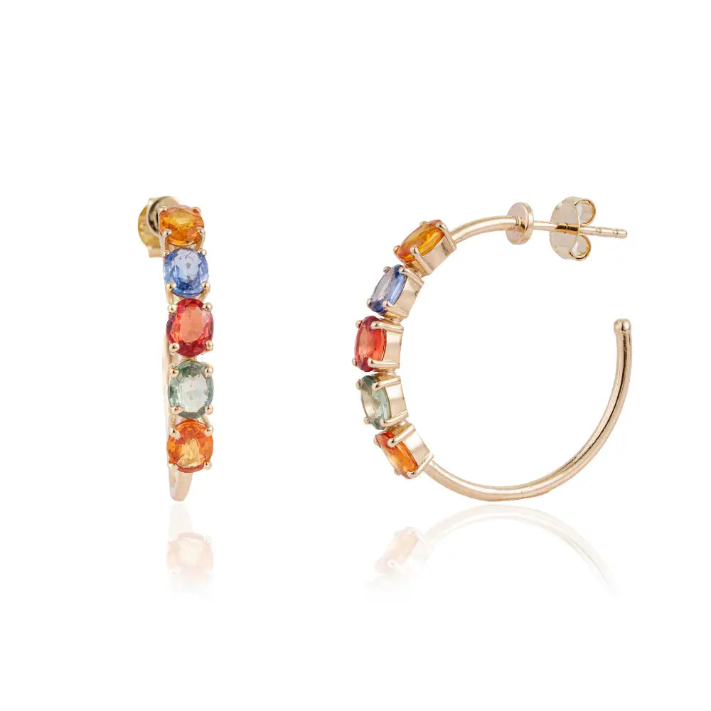5x4mm Oval Cut Multi Sapphire C Shape Hoop Earrings Real 14K Yellow Gold Fine Jewelry