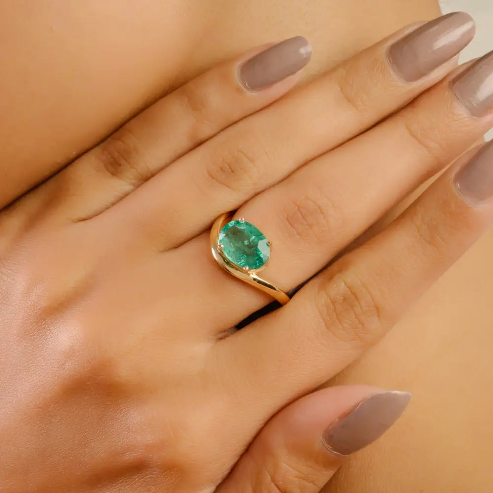 2.43 Ct. Zambian Emerald Solitaire Gemstone Wavy Ring K14 Real Gold Statement Jewelry