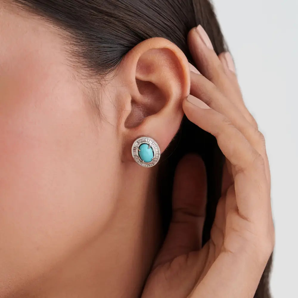 Best Selling 9x6mm Oval Cut Turquoise & Diamond Halo Stud Earrings 14K White Gold Jewelry
