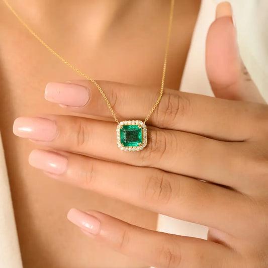 Prong Set Zambian Emerald & Diamond Fine Stacking Halo Pendant Necklace 14K Yellow Gold