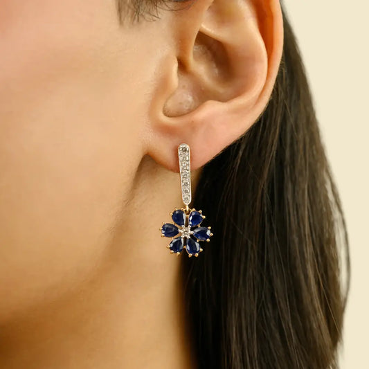 Flower Design Blue Sapphire & Diamond Drop Earrings Designer 18K Yellow Gold Fine Jewelry