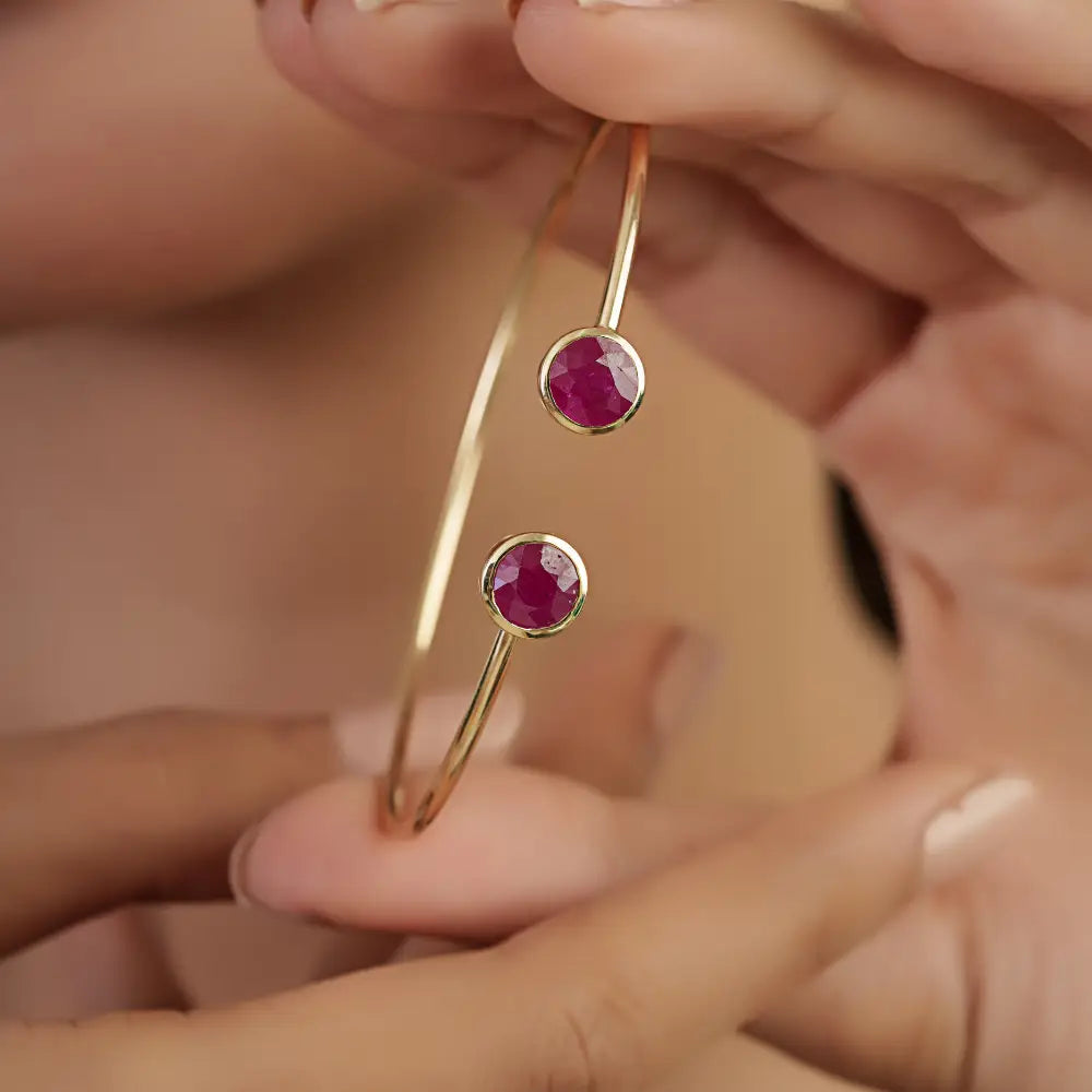 6.5 mm Round Cut Ruby Gemstone Sleek Cuff Bangle Anniversary Gift Solid 14K Yellow Gold