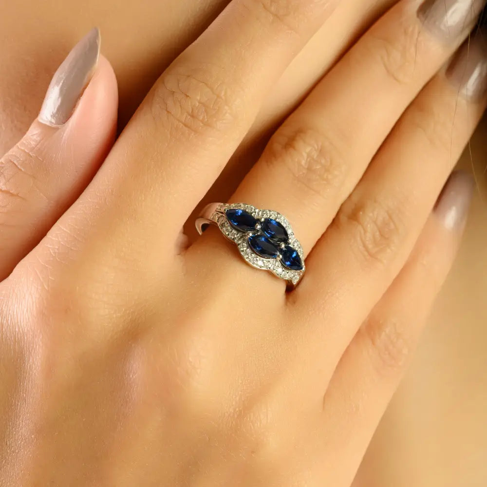 Unique Designer Blue Sapphire & Diamond Vintage Style Gemstone Ring Solid 14K Gold