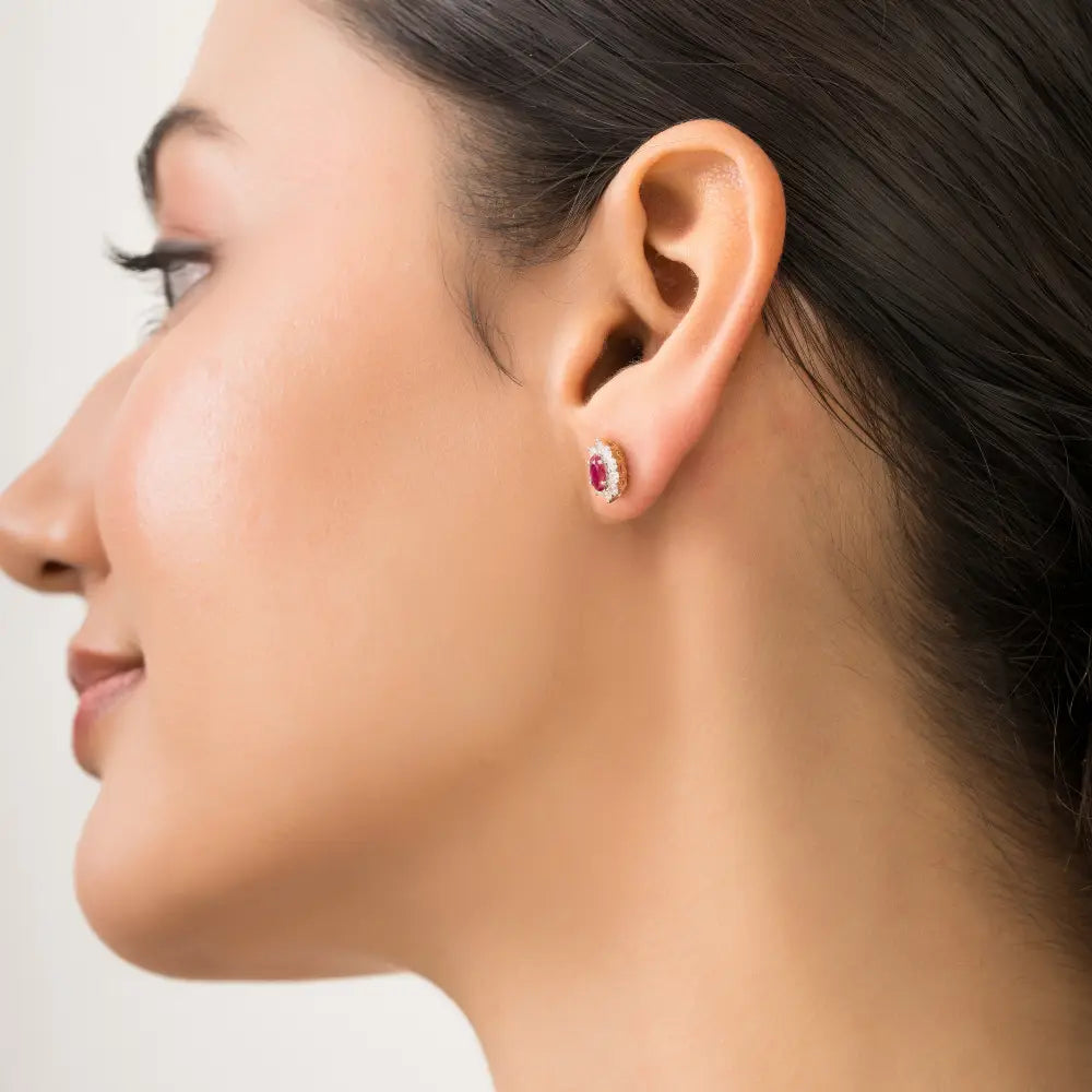 Minimal Real Ruby & Diamond 14K Yellow Gold Cluster Stud Earrings Daily Wear Jewelry