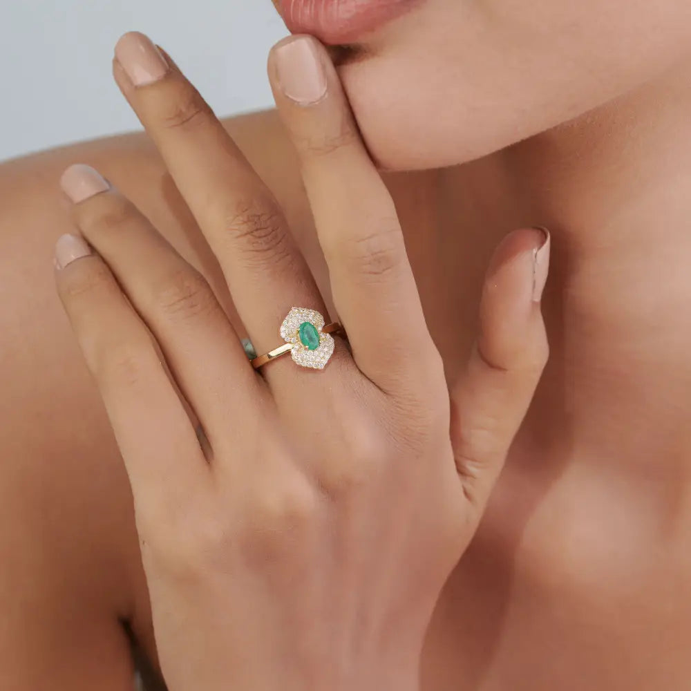 High End Quality Emerald & Diamond Solid K14 Yellow Gold Double Cluster Ring Wedding Jewelry