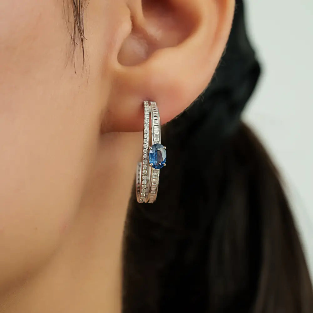 Latest Design Blue Sapphire & Diamond 14K White Gold C Shape Hoop Earrings For Women