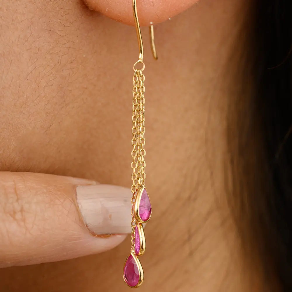 Minimal Jewelry Solid Yellow Gold Natural Pear Ruby Multi Chain Drop Earrings