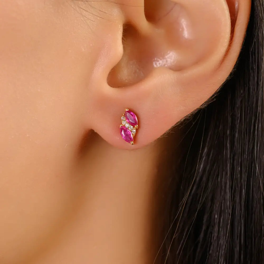 Marquise Shape Ruby & Diamond Minimalist Stud Earrings 14K Real Yellow Gold Gift For Her