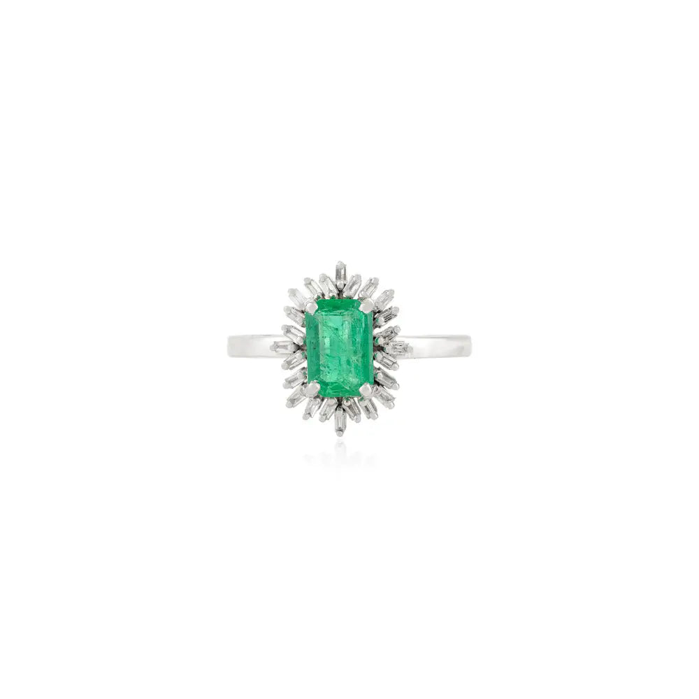 Unique Design Handmade Emerald & Diamond 14K Real White Gold Cluster Ring Fine Jewelry