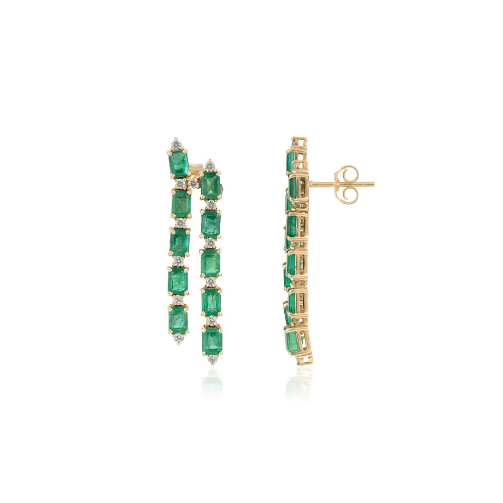 K14 Yellow Gold Fine Emerald & Diamond Two Line Dangle Earrings For Women Wedding Jewelry