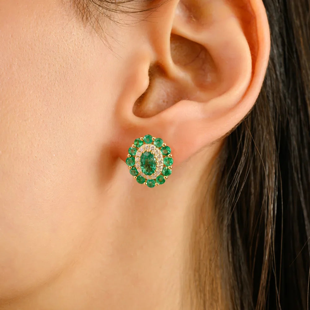 Hot Selling Real K14 Yellow Gold Emerald & Diamond Halo Stud Earrings Custom Gemstone Jewelry