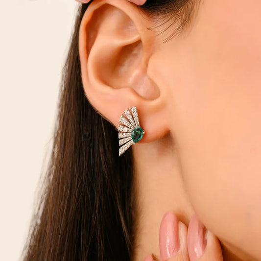 Unique Design Emerald & Diamond 14K White Gold Gemstone Fan Earrings For Women