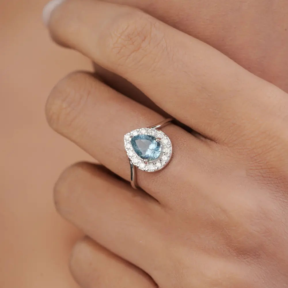 Latest Design Genuine Aquamarine & Diamond Pear Shape Halo Ring 14K Solid White Gold