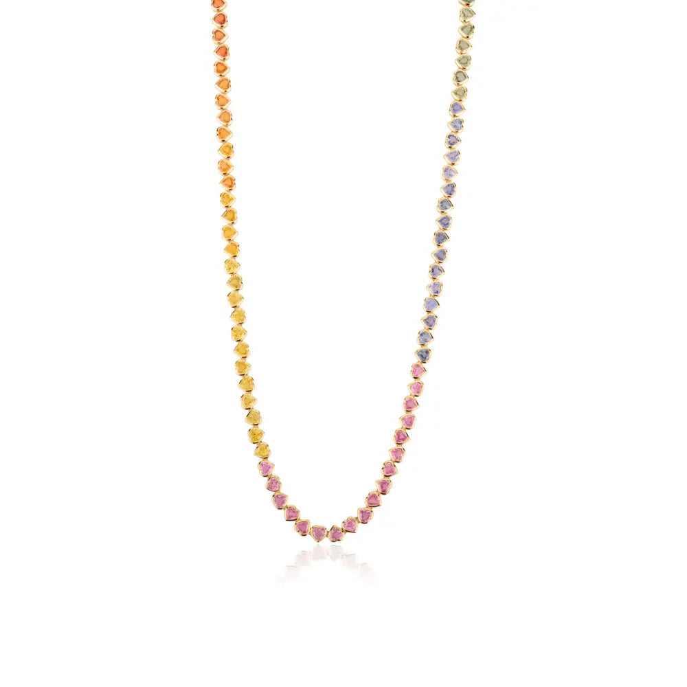 Rainbow Heart Shape Multi Sapphire Bezel Set 14K Solid Gold Tennis Necklace For Women