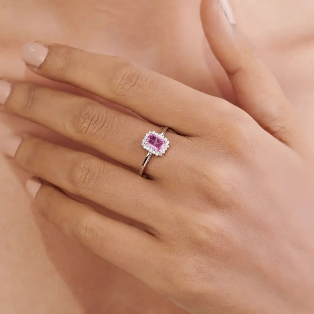Elegant Classic Style Pink Sapphire & Diamond Cluster Ring 14K White Gold Custom Jewelry