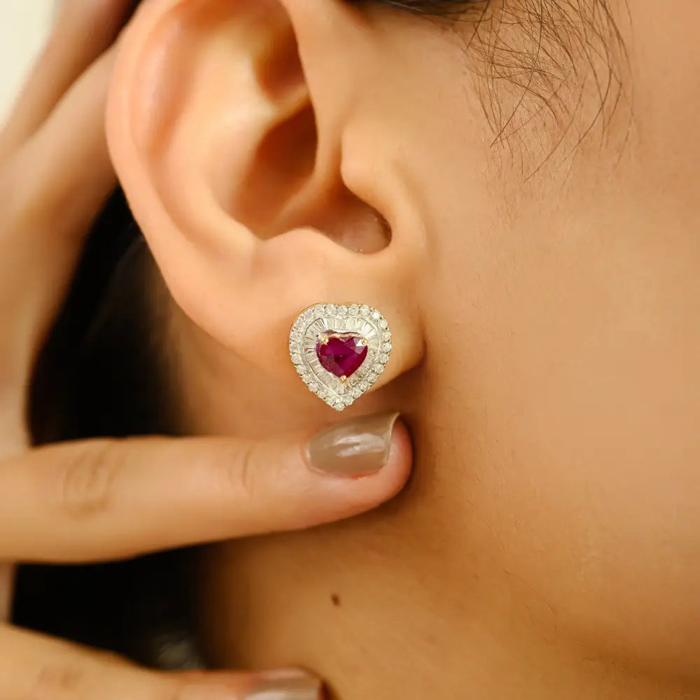 Heart Shape Ruby & Diamond Solid K14 Yellow Gold Double Cluster Stud Earrings For Women
