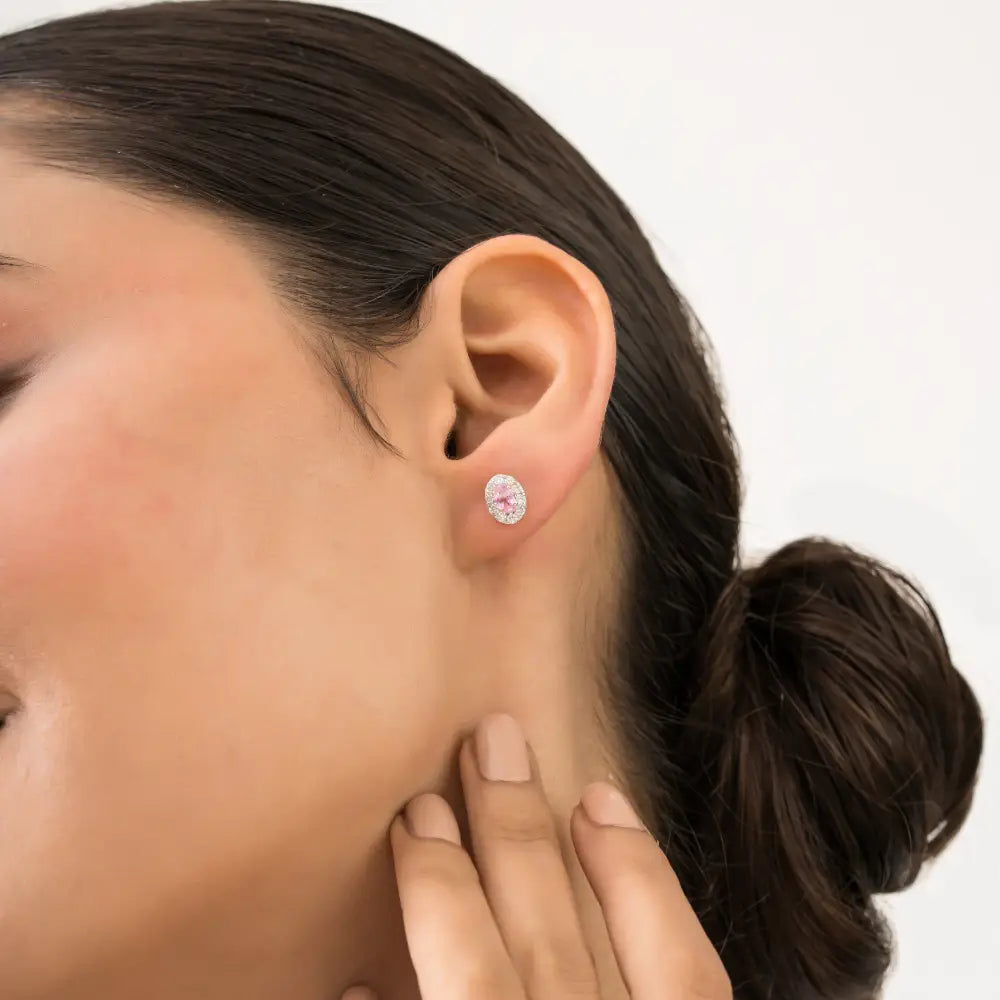 Natural Pink Sapphire & Diamond  Minimal Dainty Halo Stud Earrings K14 Solid Yellow Gold