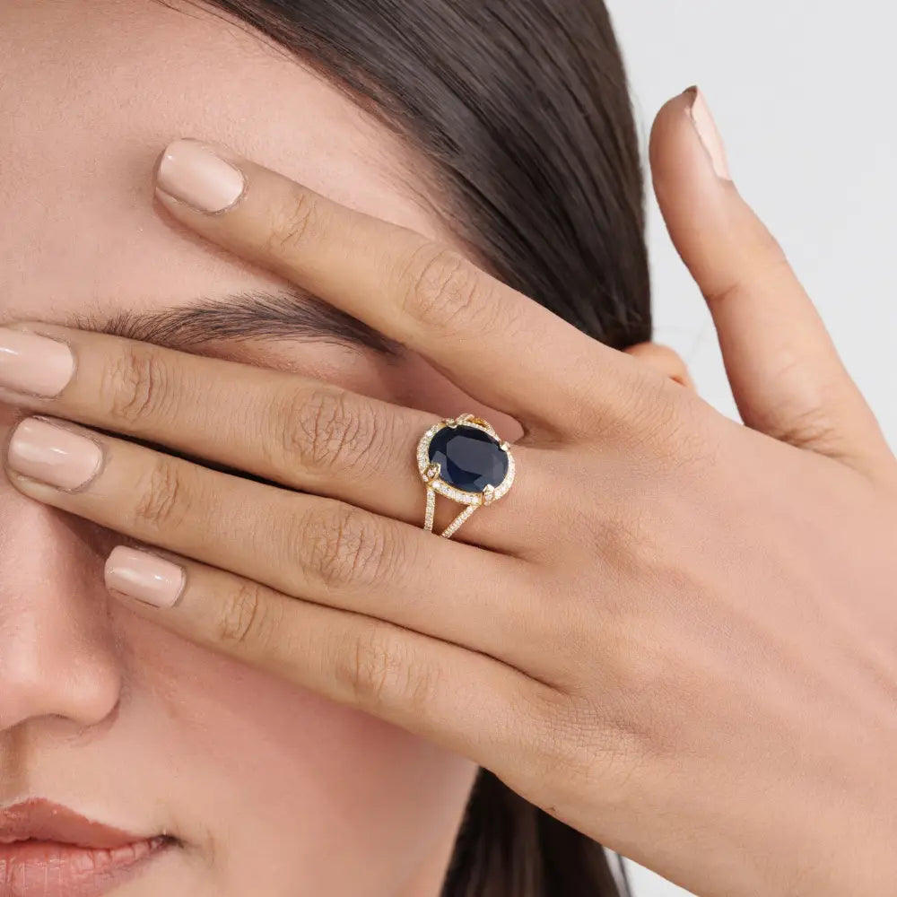 6.11ct. Blue Sapphire & Diamond Halo Split Shank Ring Wedding Bold Jewelry 14K Yellow Gold