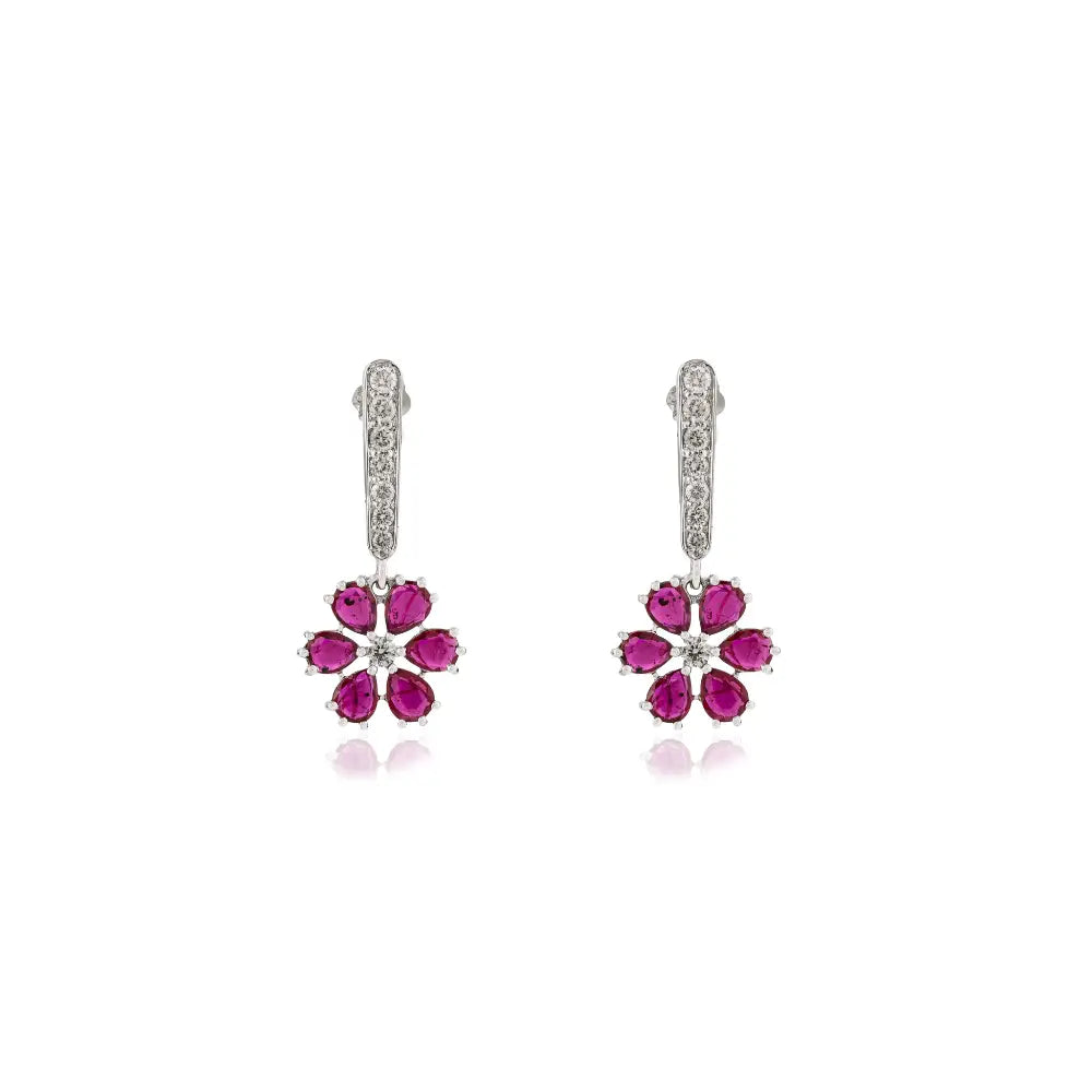Pear Shape Ruby & Diamond Flower Design Drop Women Earrings 18K White Gold Jewelry