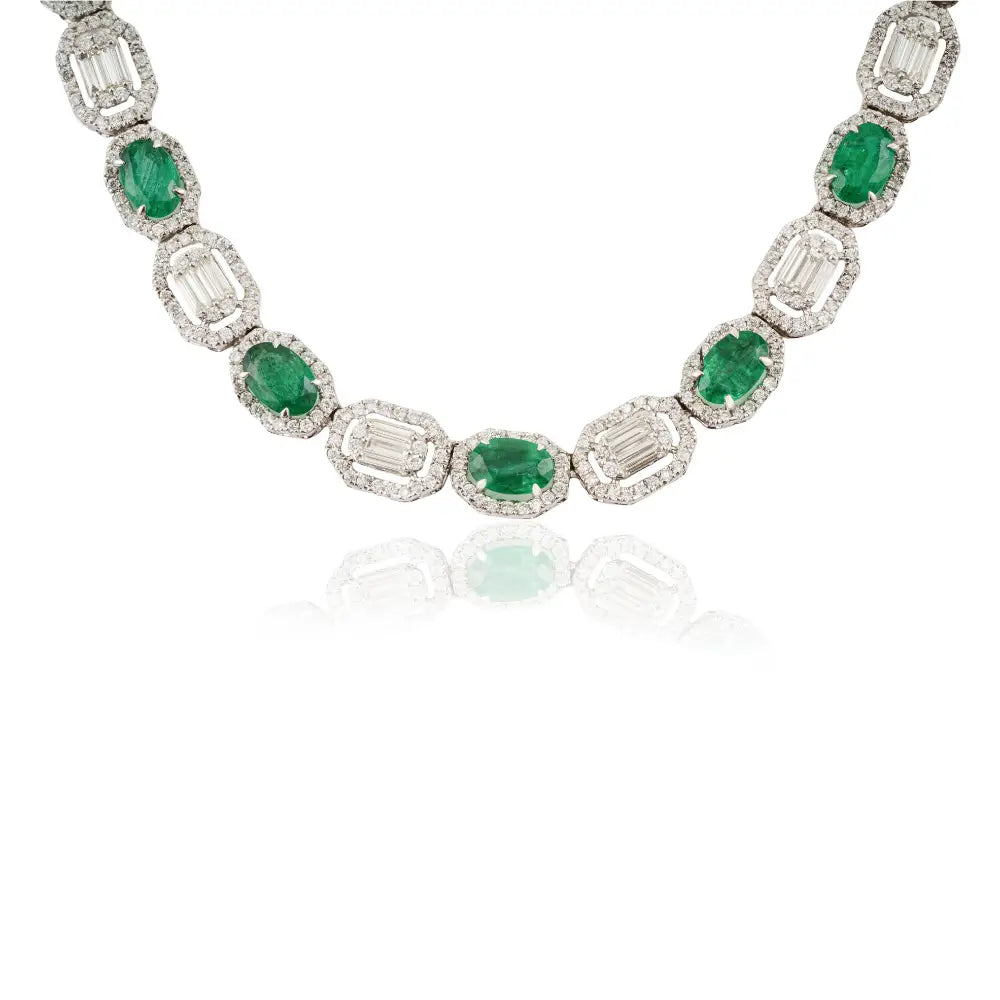 Zambian Emerald & Diamond Luxury Tennis Necklace 14K White Gold Bridal Jewelry Supplier