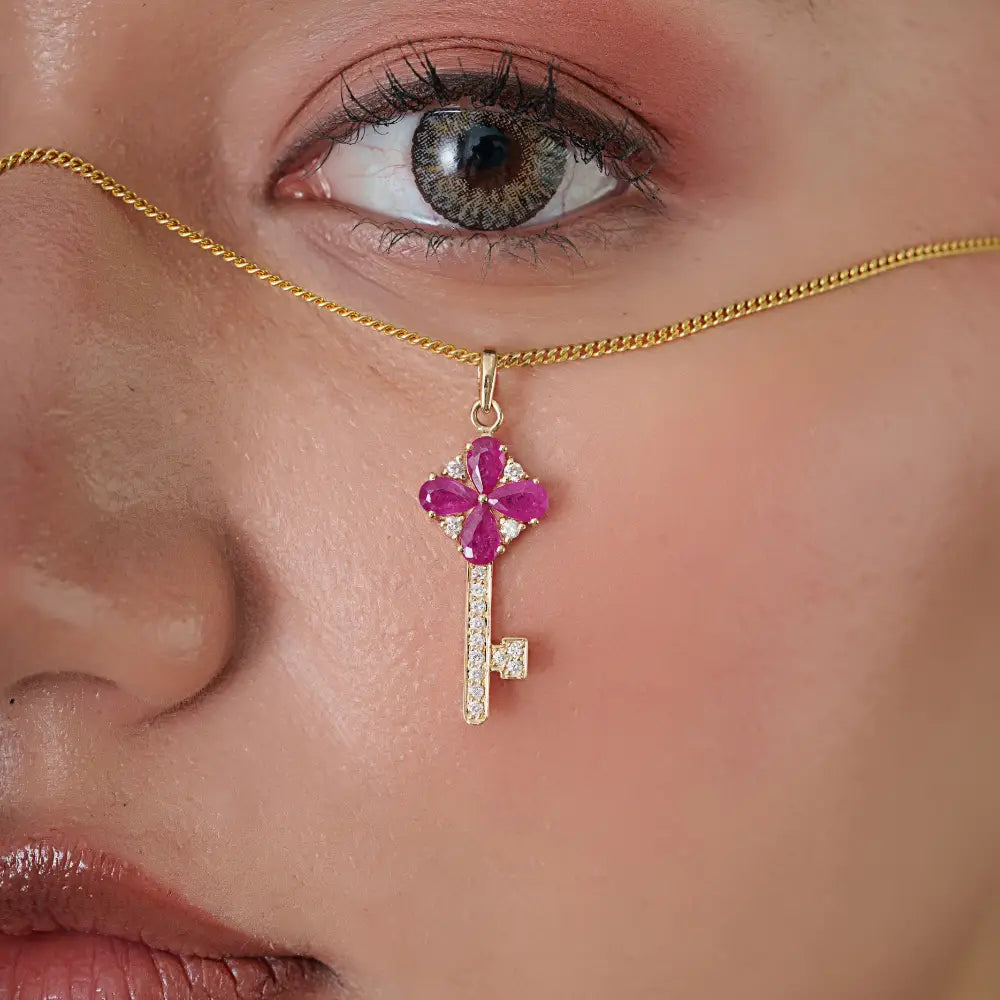 Unique Design 14K Yellow Gold Genuine Ruby & Diamond Key Pendant Customized Jewelry