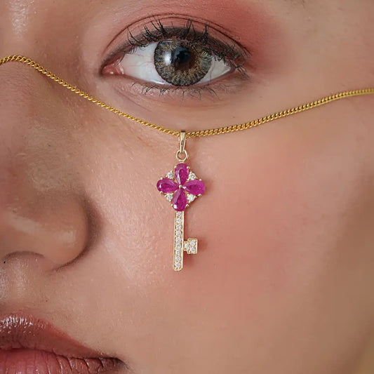 Unique Design 14K Yellow Gold Genuine Ruby & Diamond Key Pendant Customized Jewelry