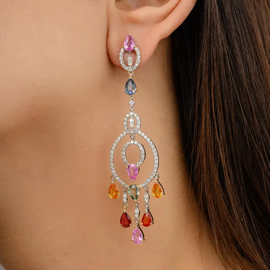 Multi Sapphire & Diamond Chandelier Earrings Prong Setting Wholesale Jewelry Supplier