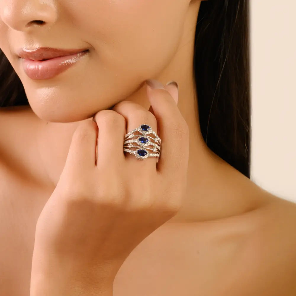 K14 Solid White Gold Blue Sapphire & Diamond Multi Row Statement Cocktail Ring For Wedding