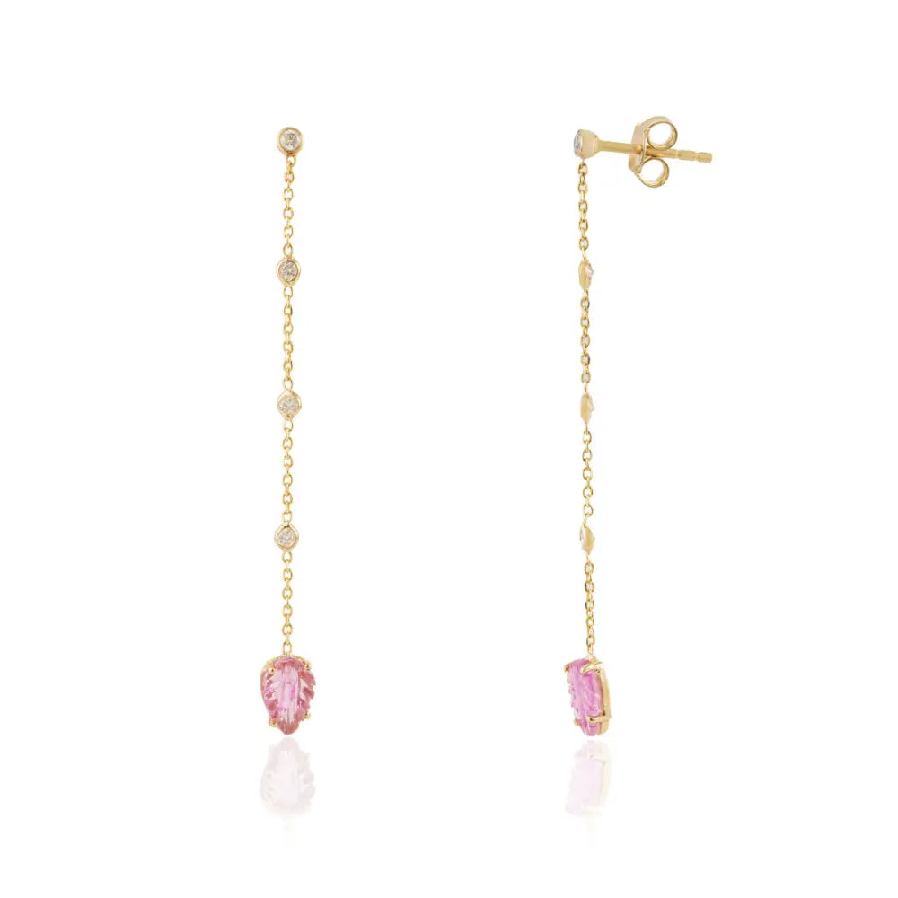 14K Yellow Gold Carving Leaf Shape Pink Tourmaline & Diamond Long Dangle Earrings