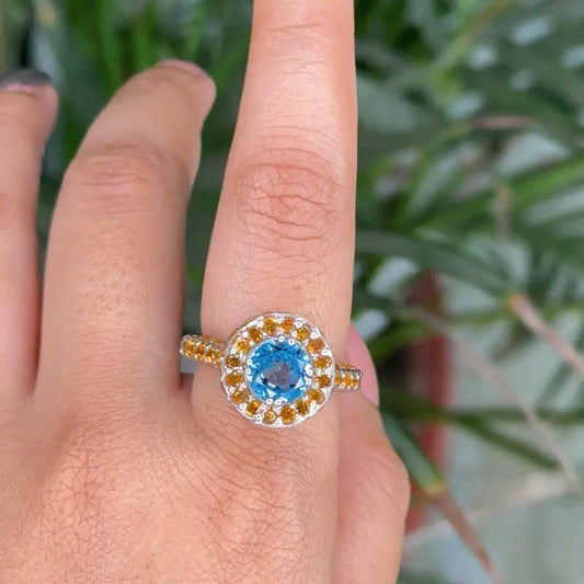 Fine Blue Topaz & Citrine Round Shape Gemstone Ring New Jewelry Collection 925 Sterling Silver