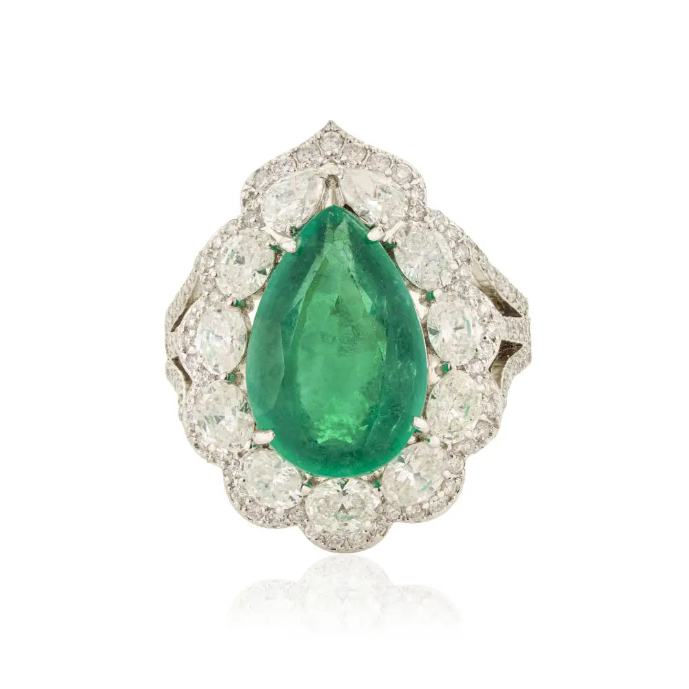 Luxurious 18K White Gold 5 Ct. Zambian Emerald & Diamond Triple Shank Cluster Ring Wedding