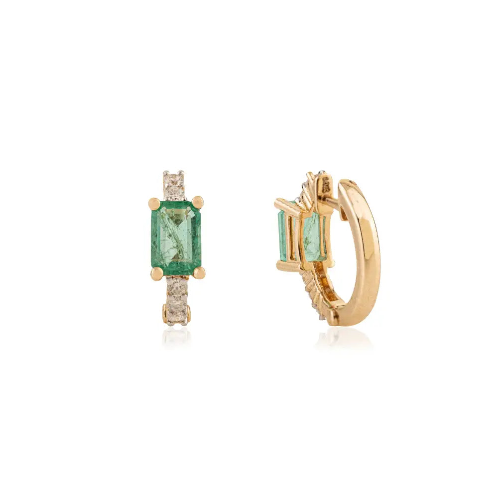 Natural Gemstone Zambian Emerald & Diamond Minimal Hoop Earrings Women 14K Real Gold