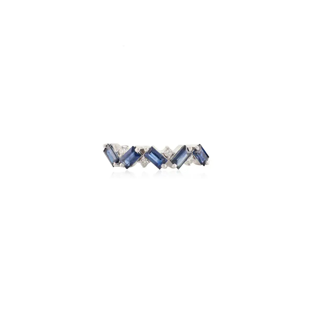 14K Real White Gold Blue Sapphire & Diamond Zig Zag Half Eternity Band Ring Unique Jewelry