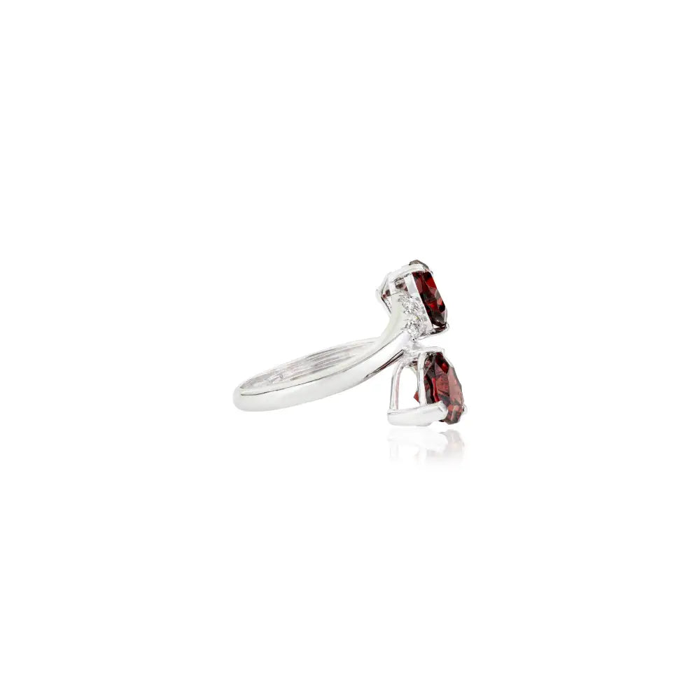 Heart Shape Garnet & Round Cut Diamond Statement Bypass Ring Solid 14K White Gold Jewelry