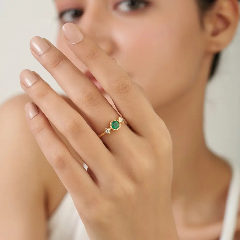 Dainty Emerald & Diamond K14 Pure Yellow Gold Three Stone Ring Stacking Jewelry For Women