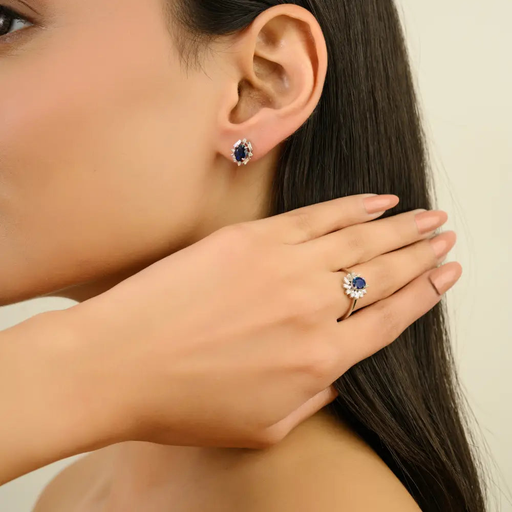 Art Deco Inspired Blue Sapphire & Diamond Halo Stud Earrings 14K Pure White Gold Jewelry