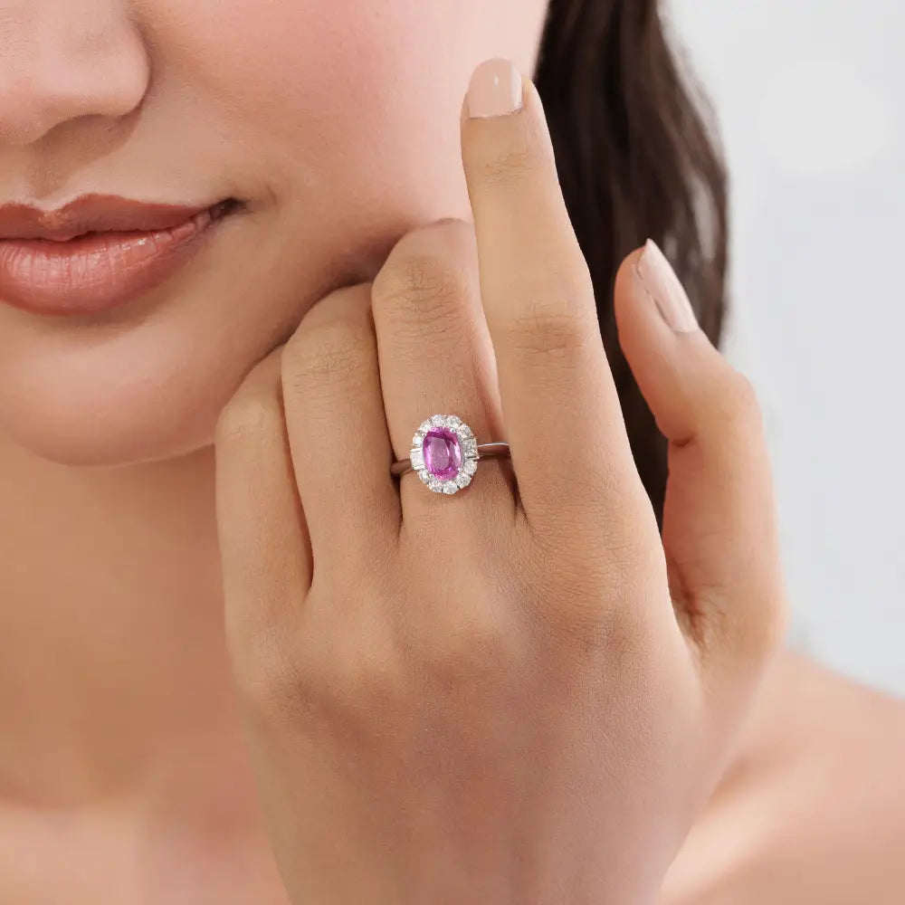 100% Natural Pink Sapphire & Diamond 18K White Gold Statement Halo Ring Birthstone Jewelry
