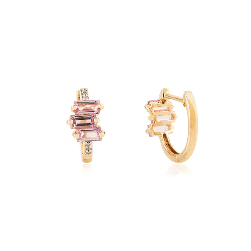 Minimalist Dainty Pink Sapphire & Diamond Fine 14K Solid Gold Huggie Hoop Earrings For Girls